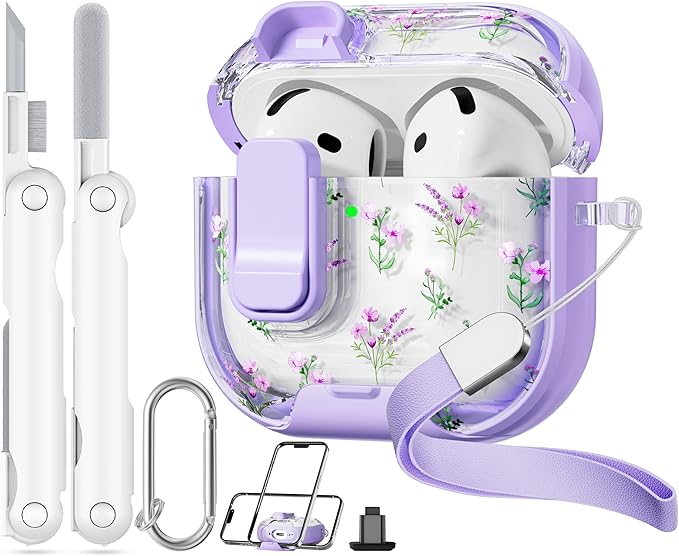with Safety Lock for Apple AirPods 4 Case,Clear Floral Cute AirPod 4th Generation Case with Phone Stand & Cleaning Kit for Women Girly-Purple Narcissus