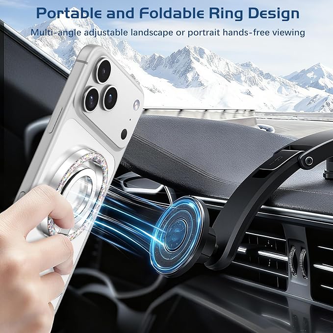 DOMAVER Magnetic Phone Ring Holder, Compatible with MagSafe Phone Grip Stand with 360° Rotation Finger Ring Kickstand for iPhone 17/16/15/14/13/12 Pro Max Plus Air/Other Phones - Silver Glitter