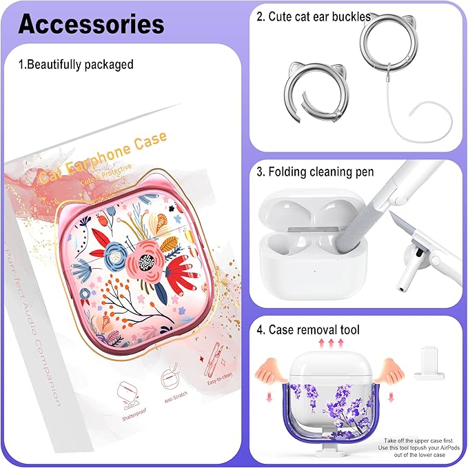 RFUNGUANGO AirPods 4 Case for Women Girly Cat Case with Lock, Phone Stand, Keychain & Cleaner Kit, Compatible with Apple Airpods 4th Generation Case Cover, Wisteria