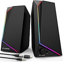 LENRUE Computer Speakers, USB/USB-C Powered AUX Audio for PC Speakers with Loud Stereo Sound, Headphone-in, Touch Lights for Desktop, Computer, Laptop, Desk（USB-C to USB Adapter Included - Image 1