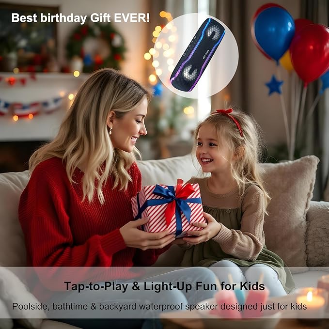 Bluetooth Shower Speaker, IPX7 Waterproof Portable Wireless Speaker, 24H Playtime, LED Lights, TWS Pairing, for Outdoor Party, Beach, Travel, Pool, Gifts, Black