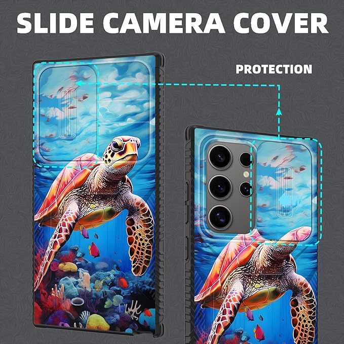 for Galaxy S25 Ultra Case Built in Slide Camera Lens Cover,Heavy Duty Shockproof Protection Dual Layer Case for Samsung Galaxy S25 Ultra 6.9" 2025,Sea Turtle Swimming Underwater
