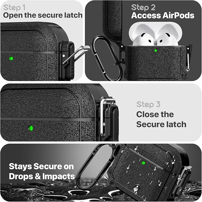 RFUNGUANGO Waterproof Case for AirPods 4 - Drop Protection for Apple AirPods 4th Generation with Carabiner & Cleaning Kit, Wireless Charging AirPod 4 Hard Case Cover, Black