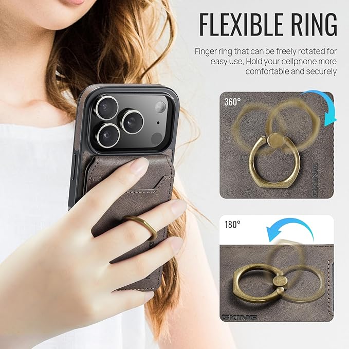 Wallet Case for iPhone 17 Pro, 2 in 1 Strong Magnetic Detachable, Shockproof Phone Case Compatible with MagSafe, Slim Leather Wallet RFID Blocking 5-Card Holder Ring Grip Stand (Coffee)