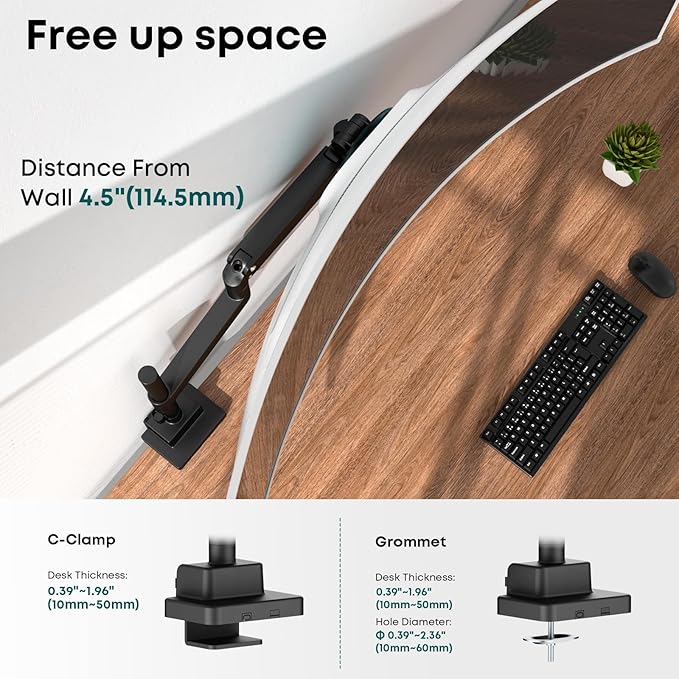 Single Monitor-Arm Heavy Duty for 24-57-inch - Ultrawide Aluminum Single Pole Monitor Mount,Fully Adjustable, Ideal for Gaming, Office & Home Use, Max Load 59.4lbs, VESA 75/100/200 mm, Black