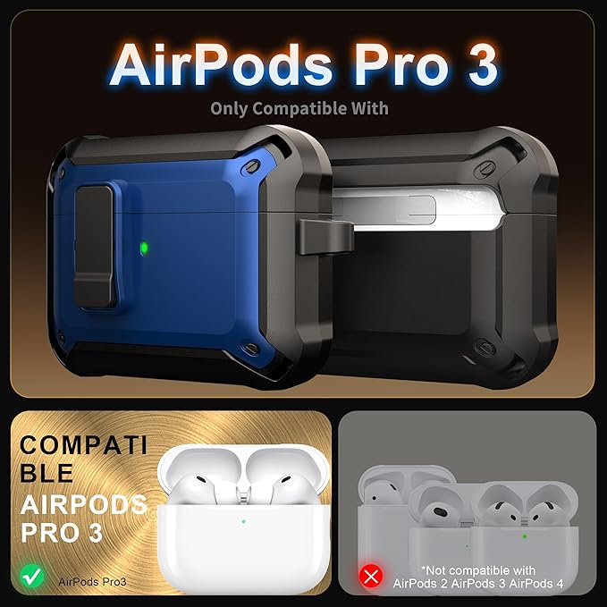 RFUNGUANGO AirPods Pro 3 Case (2025) with Safety Lock and Automatic Pop-up, Compatible with Airpods Pro 3rd Generation Case, Magnetic Lid, Compatible MagSafe, Hard Shockproof Protective Case,Blue