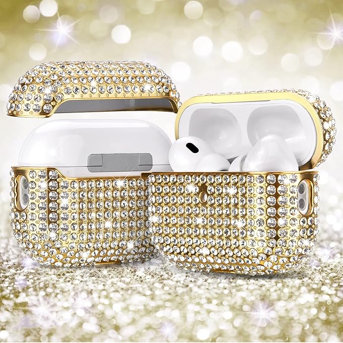 Case for AirPods Pro 2nd Generation, Filoto Cute AirPod Pro 2 Protective Case Cover for Women Girls, Bling Crystal PC Apple Air Pods Pro Cases Accessories with Lobster Clasp Keychain, Gold