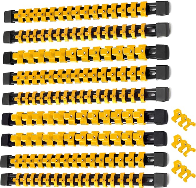 ALOANES 9PC ABS Socket Organizer, Socket Rails Fit 1/2 inch, 3/8 inch and 1/4 inch Drive, Heavy Duty Socket Holders Hold up to 129 Sockets, Black Rails with Yellow Clips