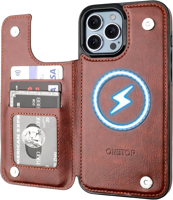 ONETOP Compatible with Magsafe for iPhone 13 Pro Max Wallet Case with Card Holder, PU Leather Kickstand RFID Blocking Case, Double Magnetic Clasp and Durable Shockproof Cover 6.7 Inch (Brown)