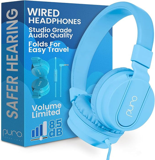 Puro Sound Labs Kids Wired Headphones – Volume-Limiting & Adjustable, Safer & Comfortable Headphones for Kids – Compatible with PCs, Smartphones & Tablets, Ideal for School & Travel – PuroBasic, Blue