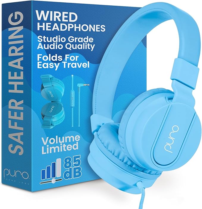 Puro Sound Labs Wired Headphones for Kids - Volume-Limiting, Adjustable Mic & Compatible with Smartphones, Tablets & PCs – Safe, Durable Kids Headphones for School & Travel – PuroBasic, Blue & Green