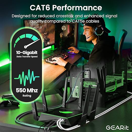 GEARit Cat 6 Ethernet Cable (10-Pack 6 Feet) Cat6 Network Patch, 10Gbps, RJ45, Snagless Cord, Gold-Plated Connectors, Internet for PC, TV, Tablet, Router, Printer, Servers, IT Data Center - Green