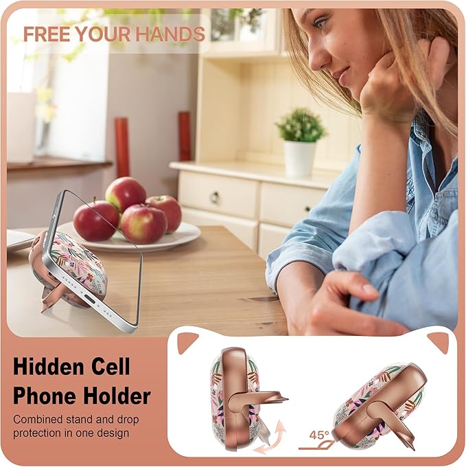 RFUNGUANGO AirPods 4 Case for Women Girly Cat Case with Lock, Phone Stand, Keychain & Cleaner Kit, Compatible with Apple Airpods 4th Generation Case Cover, Rose Gold Leaf
