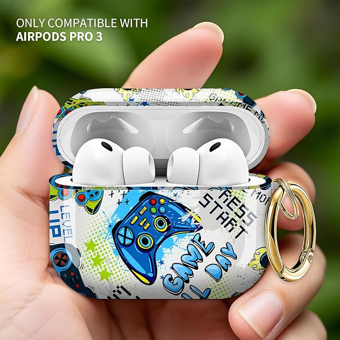 Cute Hard Case Compatible with AirPods Pro 3rd Generation Case (2025), Shockproof Protective Cover with Golden Keychain Ring Clip (Blue Game Pattern)