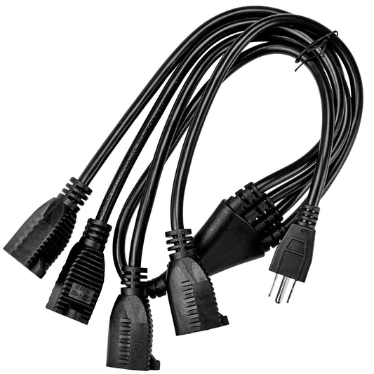 4 Way Power Splitter - 1 to 4 Extension Cord Splitter, 3 Foot Extension Cord, Outlet Splitter 3 Prong, Power Strip Outlet Plug, Y Style Extension Cord, Black, SJT 16 AWG by Luxury Office