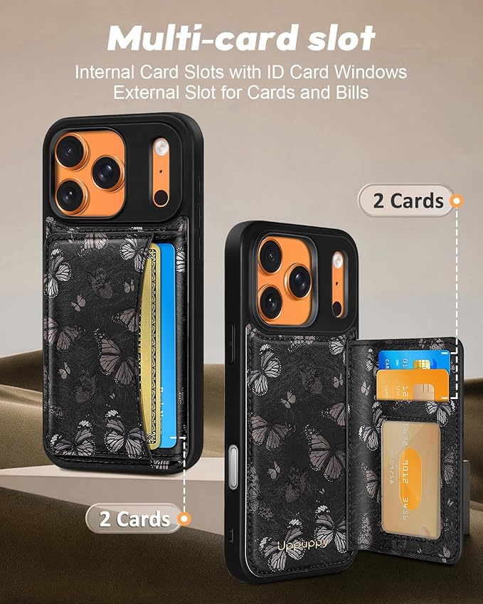 for iPhone 17 Pro Max Case with Wallet - Fits 4 Card Slots, Compatible with MagSafe for Women Aesthetic PU Leather Credit Card Holder Kickstand Phone Cover for Apple 17 Promax, Black Butterfly