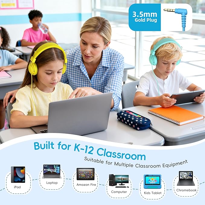 AILIHEN Kids Headphones for School, Classroom Headphones Bulk 10-Pack for K-12th Grade Students, 85dB Volume Limit, Shareable, Foldable, 3.5mm Jack for Library, Online Learning (Multicolor)