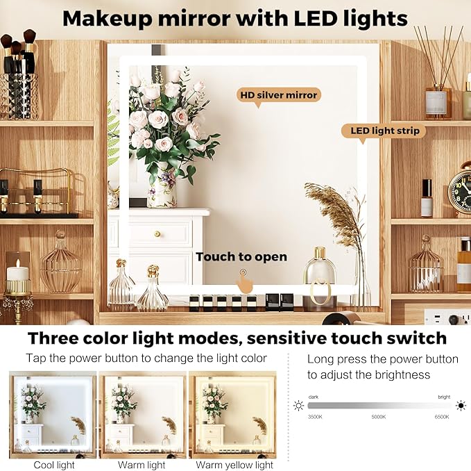 43" Makeup Vanity Desk with Mirror and Lights, & Power Outl, Glass Top Big Vanity Table with 9 Drawers& 8 Storage Shelves, Dressing Table Set with Chair for Bedroom, White+Oak