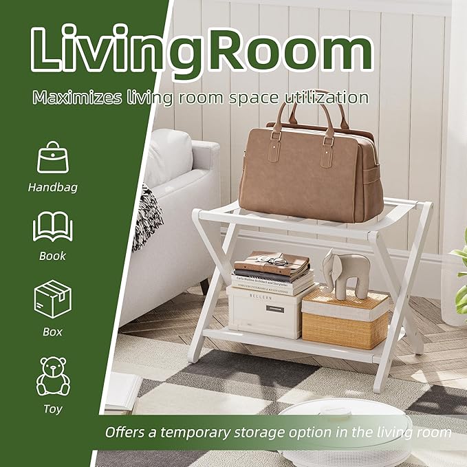 Luggage Rack, Set of 2, Folding Suitcase Stand with Storage Shelf, Premium Bamboo Luggage Holder for Guest Room, Bedroom, Hotel, Closet, Holds up to 135 lb (White)