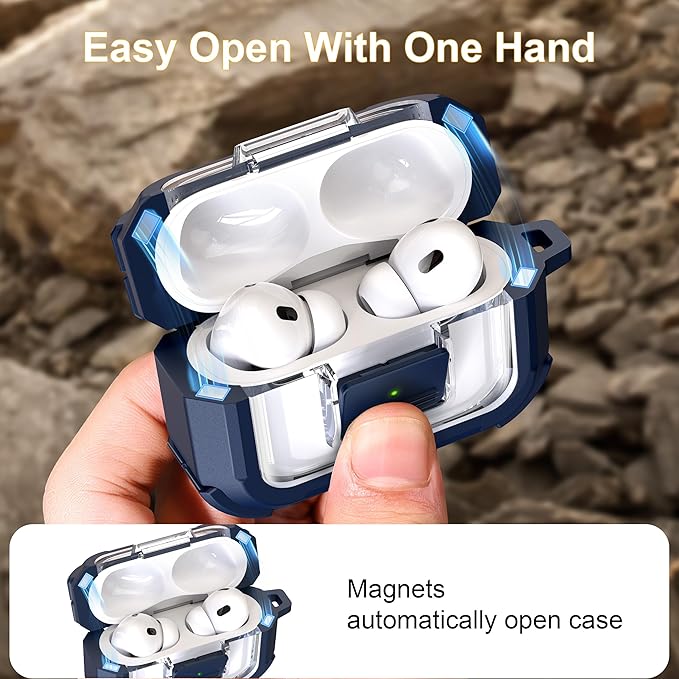RFUNGUANGO for AirPods Pro 2 Case, Compatible with AirPods Pro 2nd/1st Generation Case, Compatible with MagSafe, Magnetic Automatic Lock with Cleaner Kit and Keychain, Front LED Visible, Blue