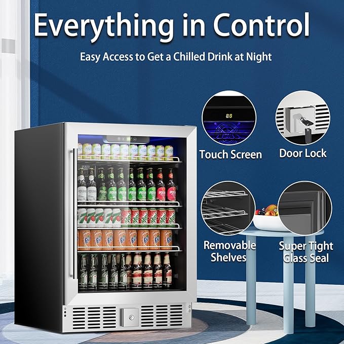 24 Inch Beverage Refrigerator, 182 Cans Built-in Cooler, Digital Temperature Control, LED Lighting, Adjustable Shelves, Freestanding Beer Fridge for Home, Bar, Office(5.3 Cu ft)