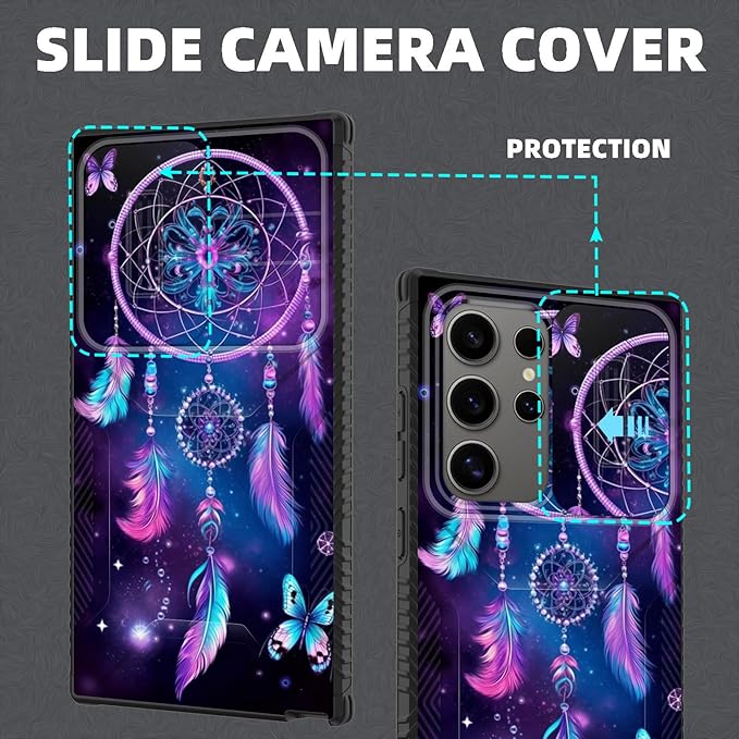 for Galaxy S24 Ultra Case Built in Slide Camera Lens Cover,Heavy Duty Shockproof Protection Dual Layer Case for Samsung Galaxy S24 Ultra 6.8" 2024,Butterfly Dream Catcher