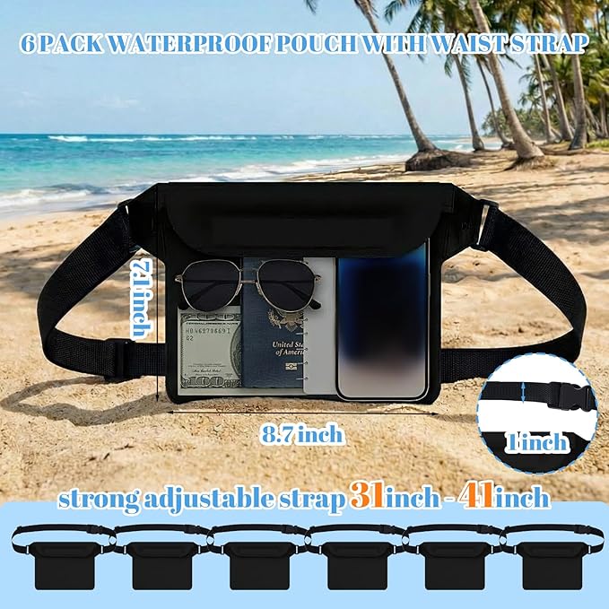 Tallew 6 Pcs Waterproof Pouch with Waist Strap Waterproof Fanny Pack Dry Bag for Phone Wallet Reusable Lightweight Belt Pouch for Beach Swimming Kayaking Boating Travel Water Activity (Black)