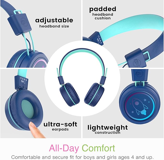MEE audio KidJamz KJ55BT Bluetooth Wireless Safe Listening Headphones for Children with LED Lights, 85dB Volume Limiter, Mic & 40h Battery (Blue)