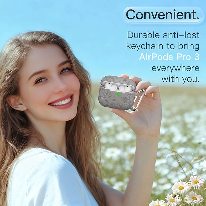for AirPods Pro 3 Case (2025) DamonLight Daisy Floral Engraved Shockproof Protective Soft Silicone Case Cover with Cleaning Pen and Keychain for Apple Airpods Pro 3rd Generation (Gray)