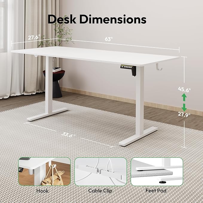 63x28 Large Electric Standing Desk Adjustable Height Stand Up with Lockable Wheels 27.6" Deep Ergonomic Sit Stand Desk for Home Office Work Computer Desk Workstation