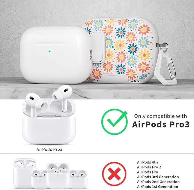 for AirPods Pro 3 Case(2025) with Secure Lock Clip and Phone Stand,Floral Girly Style Protective Cover with Cleaning Kit and Hand Strap for Apple AirPod Pro 3 Generation (Sun Petals)