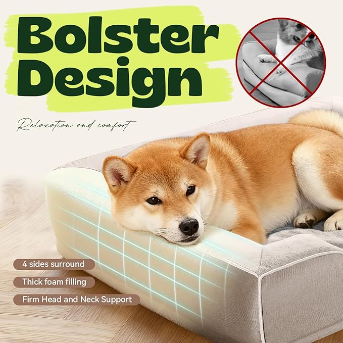 Cooling Dog Beds for Large Dogs with Removable Faux Fur Washable Covers,Waterproof Orthopedic Pet Couch Bed with Cool Gel Memory Foam and Bolster Side for Senior Pets,36" x 27" x 6.5" Beige