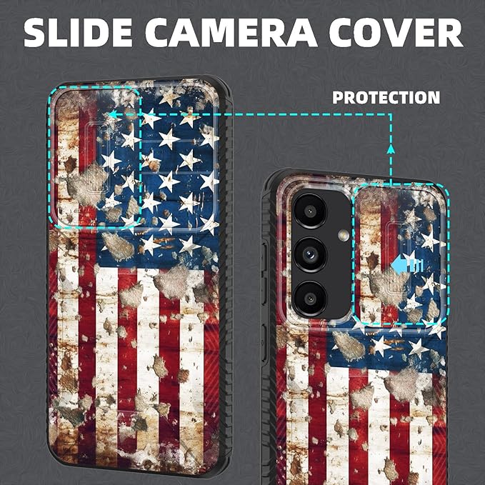 for Galaxy S24 FE Case Built in Slide Camera Lens Cover,Heavy Duty Shockproof Protection Dual Layer Case for Samsung Galaxy S24 FE 5G 6.7" 2024,Rustic American Flag