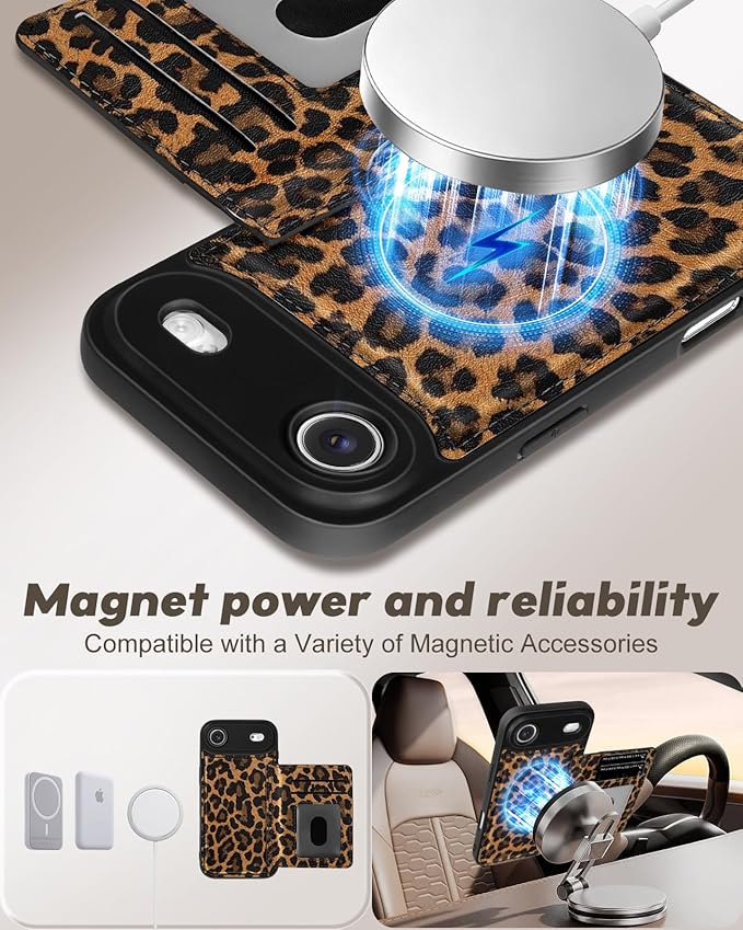 for iPhone 17 Air Case with Wallet - Fits 4 Card Slots, Compatible with MagSafe for Women Aesthetic Durable PU Leather Credit Card Holder Kickstand Phone Cover for Apple 17 Air, Leopard Print