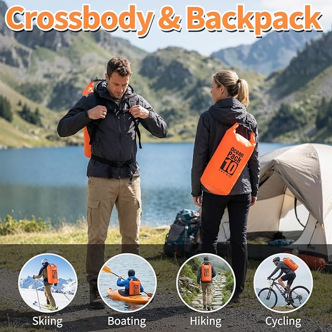 kullder Waterproof Backpack 10L, Roll Top Closure Water Proof Dry Bag Orange, Lightweight Floating Dry Bag for Kayaking Boating, Durable Hiking Backpack with IPX8 Waterproof Phone Pouch-Black, 7"