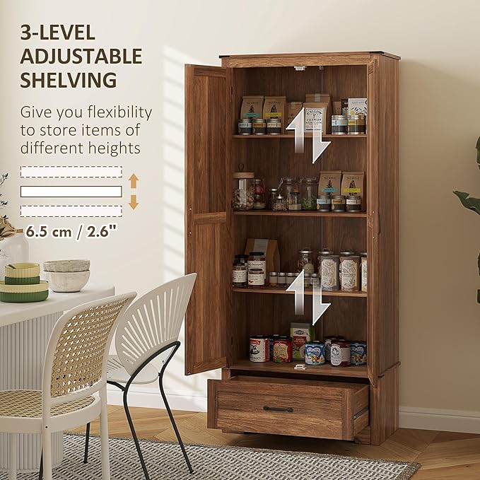 HOMCOM 72" Tall Farmhouse Kitchen Pantry Cabinet - Kitchen Storage Cabinet with Adjustable Shelves & 2 Barn Doors & Drawer, Versatile Storage Unit for Dining Room, Brown