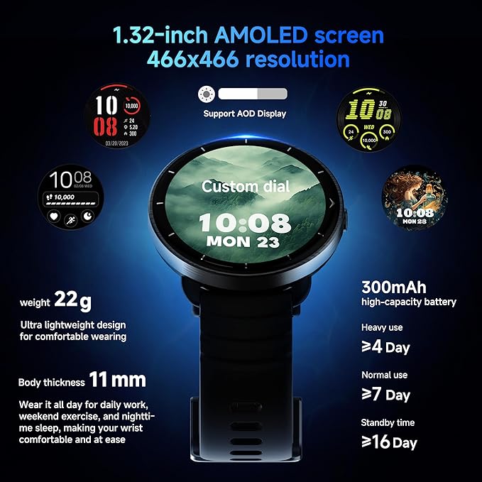 Smartwatch for Swimming 5ATM with GPS, Compass, AI Swim Analysis, Heart & Sleep Tracking, 100+ Sports Modes, HD Display, Long Battery Life, Fitness & Outdoor Training Watch - Men & Women (BLACK)