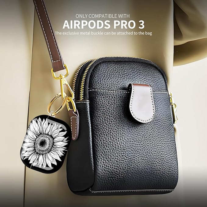 Compatible with AirPod Pro 3 (2025),Cute Case Cover for Women & Men, Full Protection Shockproof Hard Case with Keychain, Wireless Charging Case Accessories(Black White Gerbera Flower)