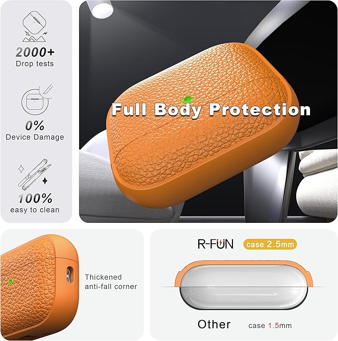 R-fun for AirPods Pro 3 Case 2025, Soft TPU (Leather-Like Design) Drop Protection Cover for Men and Women with Lanyard and Cleaner Kit, Compatible with Apple AirPods Pro 3rd Generation-Orange