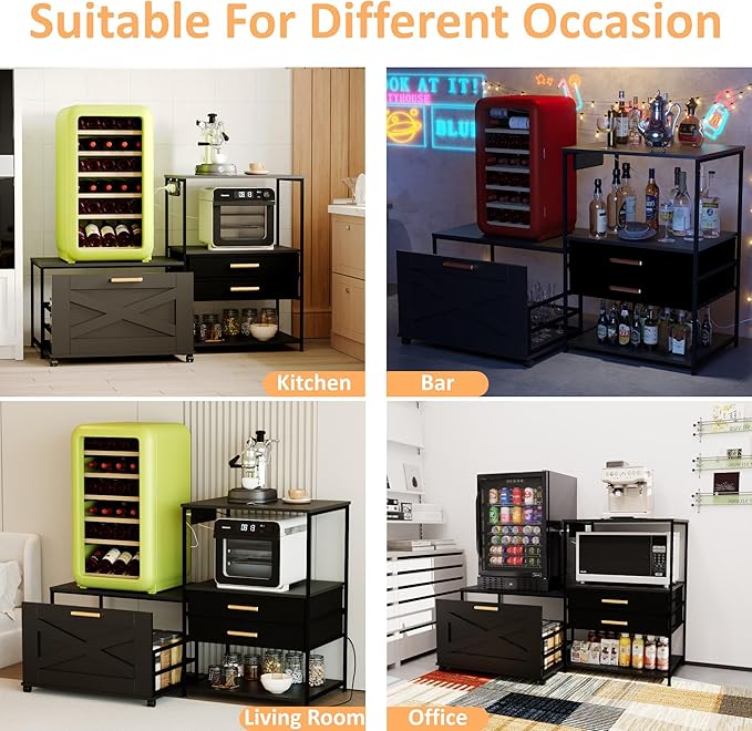 Mini Fridge Stand with Storage, Farmhouse Fridge Cabinet with Power Outlet & Movable Drawers, Microwave Oven Stand with Wheels, Kitchen Bakers Rack for Home Bar Office, Black