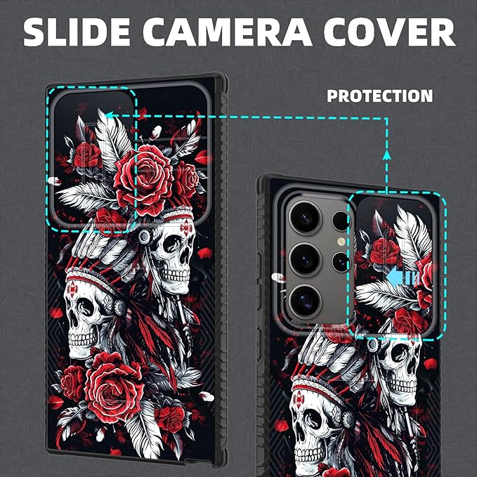 for Galaxy S25 Ultra Case Built in Slide Camera Lens Cover,Heavy Duty Shockproof Protection Dual Layer Case for Samsung Galaxy S25 Ultra 6.9" 2025,Skull Art with Feathers and Roses