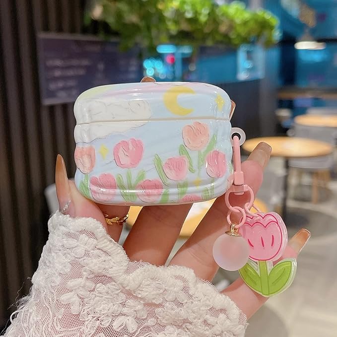 Cute Airpod Pro 2 / Airpod Pro Case Flower with Floral Keychain Wave Shape Soft TPU Protective Cover Compatible with AirPods Pro 2nd Generation Case for Girls Women (Tulip Pink)