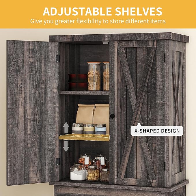 DWVO 72'' Farmhouse Kitchen Pantry, Rustic Wood Kitchen Storage Cabinets with Adjustable Shelves & Drawer, Tall Freestanding Cupboard for Dining Room, Living Room, Dark Gray