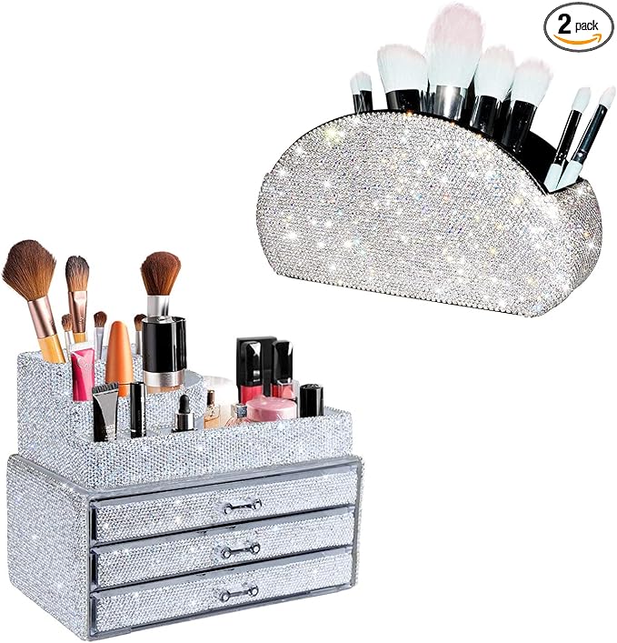 KEYPOWER Bling Rhinestone Makeup Cosmetic Jewelry Organizers Drawer & Remote control Holder(White)