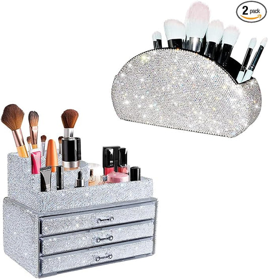 KEYPOWER Bling Rhinestone Makeup Cosmetic Jewelry Organizers Drawer & Remote control Holder(White)