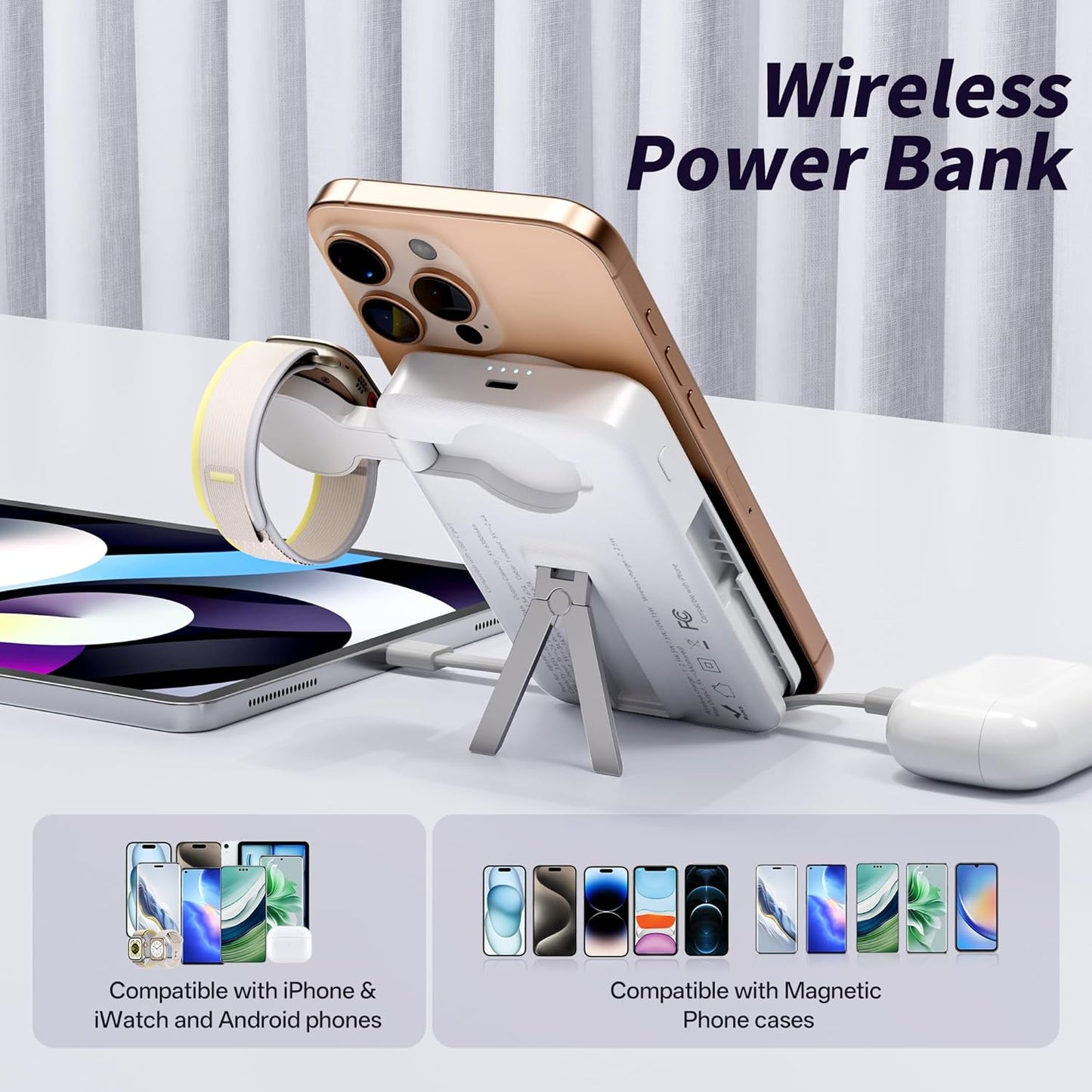 Magnetic Portable Charger 10000mAh Wireless Power Bank with Built-in Cables and Stand Compatible with iPhone