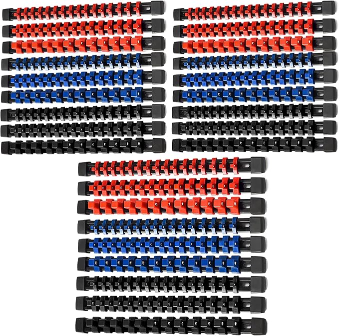 ALOANES 27PC ABS Socket Organizer, Socket Rails Fit 1/2 inch, 3/8 inch and 1/4 inch Drive, Heavy Duty Socket Holders Hold up to 387 Sockets, Black Rails with Red, Blue and Black Clips
