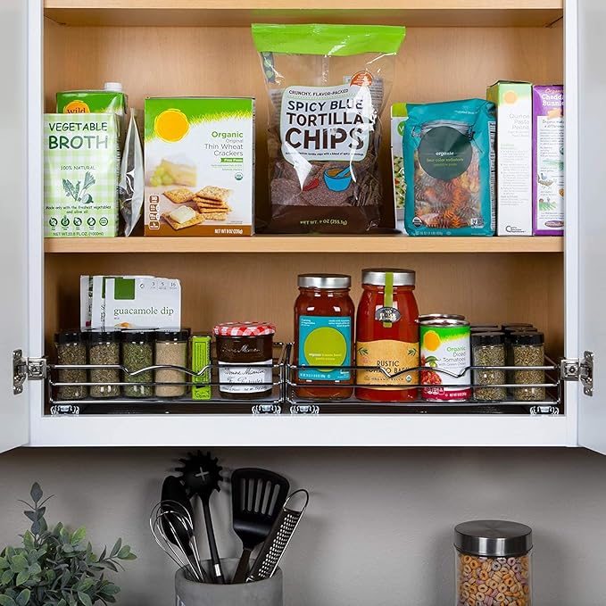 Pull Out Cabinet Organizer for Spices, Cans - Heavy Duty with Lifetime Limited Warranty- Pull Out Spice Rack- Cabinet Pull Out Shelf for Cans,Dishes, Etc, 12-3/8"Wx 10-3/8"D x 2-3/4” H, Chrome