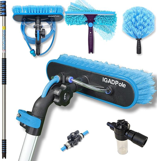 17Ft IGADPole Washing Kit: Water-fed Brush, Cobweb Duster and 10” Squeegee and Soap Dispenser, with 4-Stage Telescoping Pole 5-17ft Pole