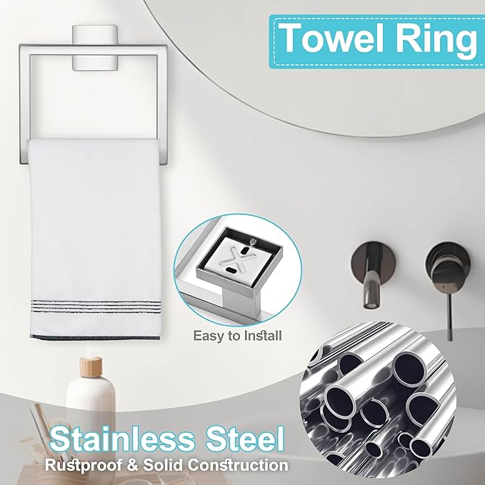 Herogo 5 Pieces Bathroom Accessories Set, Brushed Nickel 16 Inch Bathroom Hardware Bath Towel Bars Set for Wall Mounted, Including Stainless Steel Toilet Paper Holder, Hand Towel Racks, Hooks & Ring